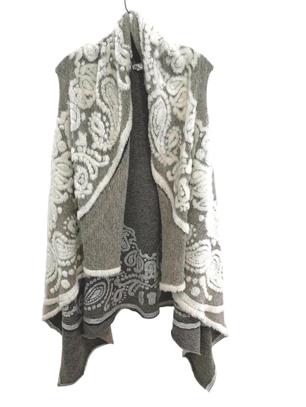Angela Mara Wool Blend Sleeveless Shawl Open Front Patterned Cardigan Vest - M